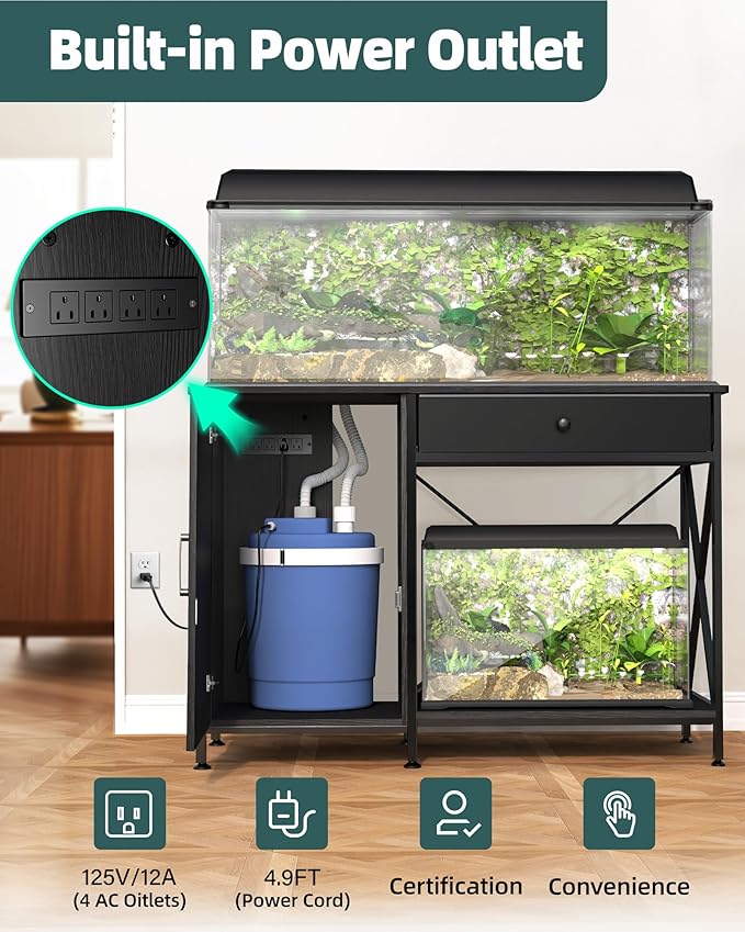 Fish Tank Stand for 40-50 Gallon Fish Tank: Aquarium Stand with Power Outlet - Metal 40 Gallon Tank Stand with Cabinet Drawer Storage for Turtle Tank, Reptile Terrarium (Black, 800LBS Capacity)