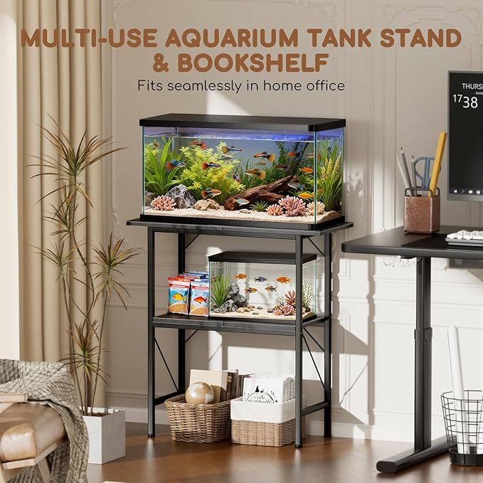 20-29-30 Gallon Fish Tank Stand with Storage Shelves, 2-Tier Aquarium Stand with Metal Frame, Heavy Duty Reptile Turtle Tank Stand for Home Office, 30" L x 11.8" W x 30.5" H, Black