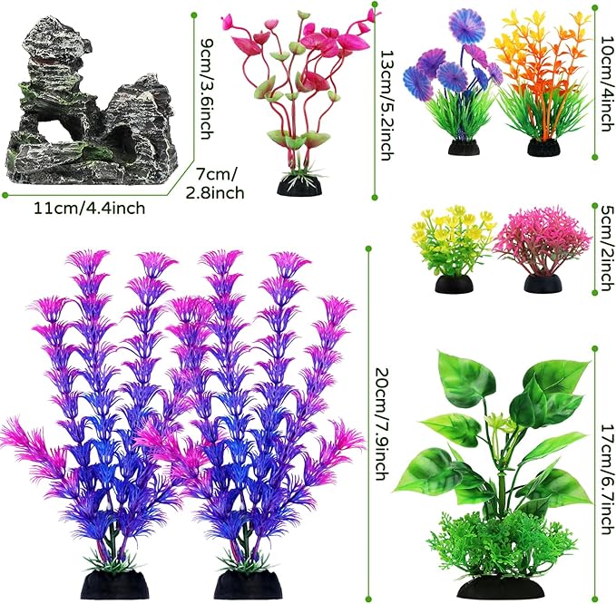 QUOZUO Fish Tank Accessories Aquarium Decorations Plants, 9pcs Colorful Fish Tank Artificial Plants and Cave Rock Decor Set, Aquarium Decor Plastic Plants