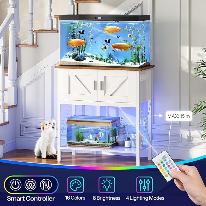 HOOBRO 20 Gallon Fish Tank Stand with Power Outlets and LED Light, Metal Frame Aquarium Stand, Reptile, Turtle Tank Stand with Cabinet Storage, 300 LBS Capacity, White and Walnut WH40UDFT01
