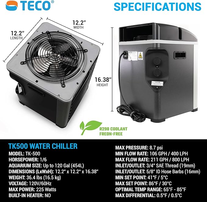 TECO 1/6 HP Aquarium Water Chiller - Ultra-Quiet, Energy-Efficient Temperature Control for Reef, Saltwater, Freshwater & Axolotl Tanks up to 120 Gallons
