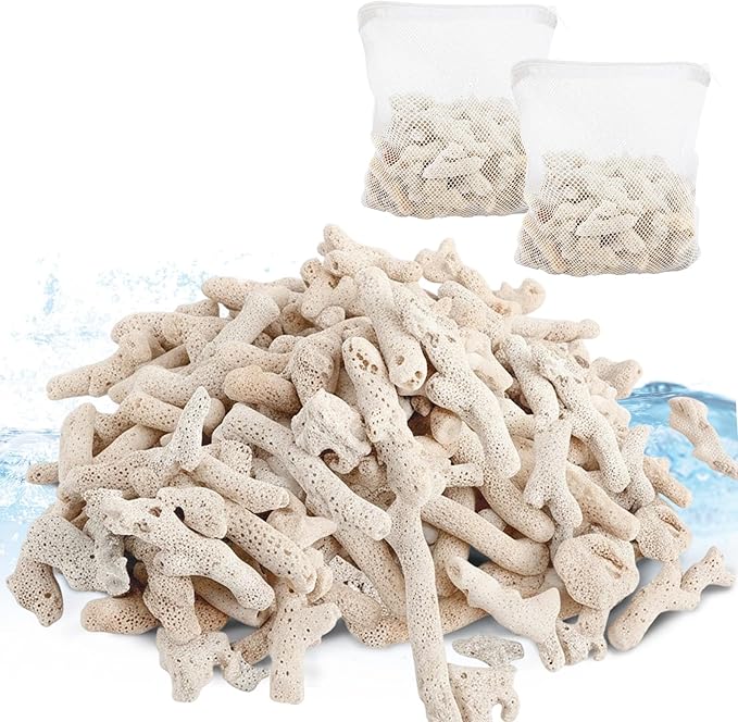 1.32lb/600g Crushed Coral for Freshwater Aquarium, Natural Fish Tank Coral Stone with Mesh Bag, Aquarium Bio Filter Media Bag Reusable Aquarium Filter to Stabilize Water and Raise PH