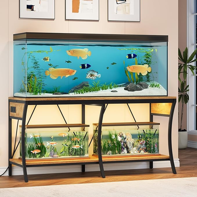 55-90 Gallon Fish Tank Stand with Power Outlets, 2-Tier Aquarium Stand with LED Light Strip & Open Storage Shelves, Heavy Duty Metal Table for Reptile Tank, 1100 LBS Capacity, Light Brown and Black