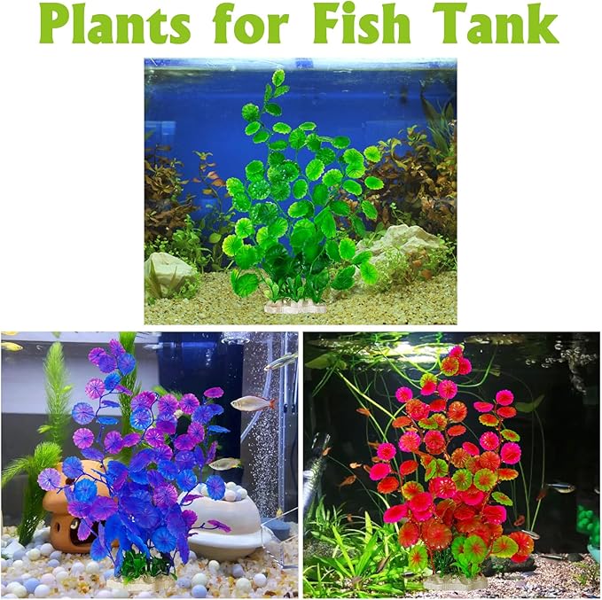 Hamiledyi 2 Pcs Large Aquarium Plants with 2 Pcs Small Artificial Seaweed Plants, 16 Inch High Artificial Plants Decoration, Fish Tank Decor Plastic Plants, Perfect for Aquarium Decor(Pink)