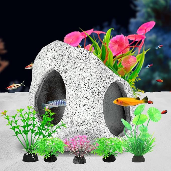 Fish Tank Decorations kit, Aquarium Decor Hideaway Rock Cave x 1pc, Fish Tank Accessories Aquatic Plants x 6pcs