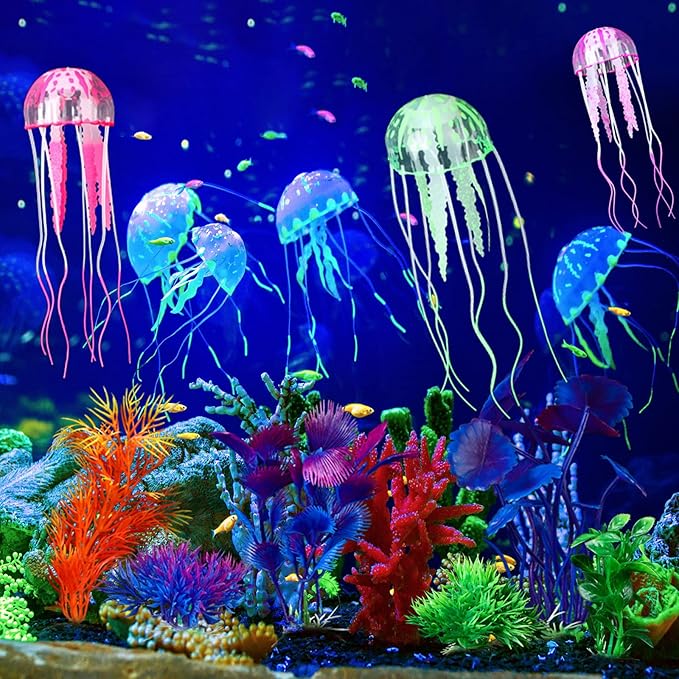 Yinder 17 Pcs Fish Tank Decorations, Include 11 Aquatic Plants and 6 Artificial Jellyfish, Colorful Fish Tank Plastic Plants Accessories for Aquarium Household and Office