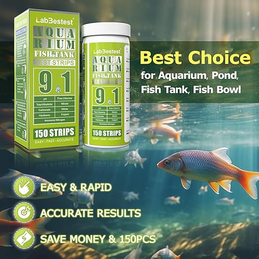 Aquarium Ammonia Test Strips - 150 Fish Tank Testing Strips for Freshwater Saltwater - Pond Water Tester Kit - Rapid Accurate Easy to Test pH, Nitrate, Nitrite, Ammonia and More (9-Way)