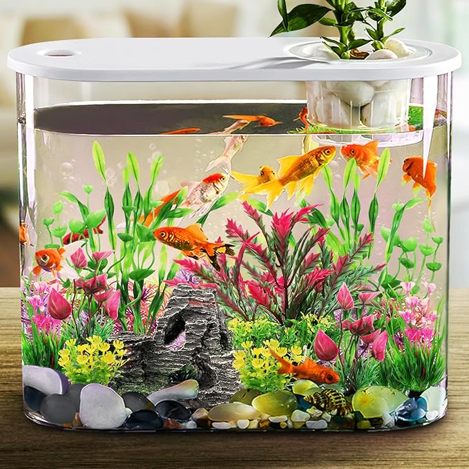 QUOZUO Fish Tank Accessories Aquarium Plants, 12pcs Colorful Fish Tank Artificial Plants and Cave Rock Decor Set, Aquarium Decorations Plants