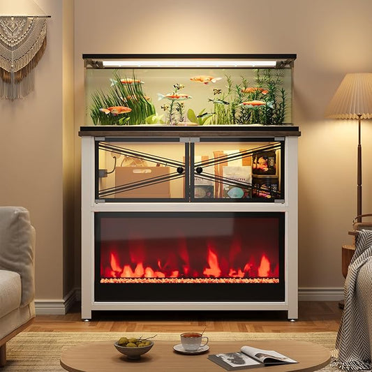40-50 Gallon Fish Tank Stand with 20-Color LED Flames, No Heat, Metal Frame Structure Aquarium Stand, Glass Doors Storage Cabinet Holds Up to 700 LBS, Fit for Turtle Tank, Reptile Tank (White+Brown)
