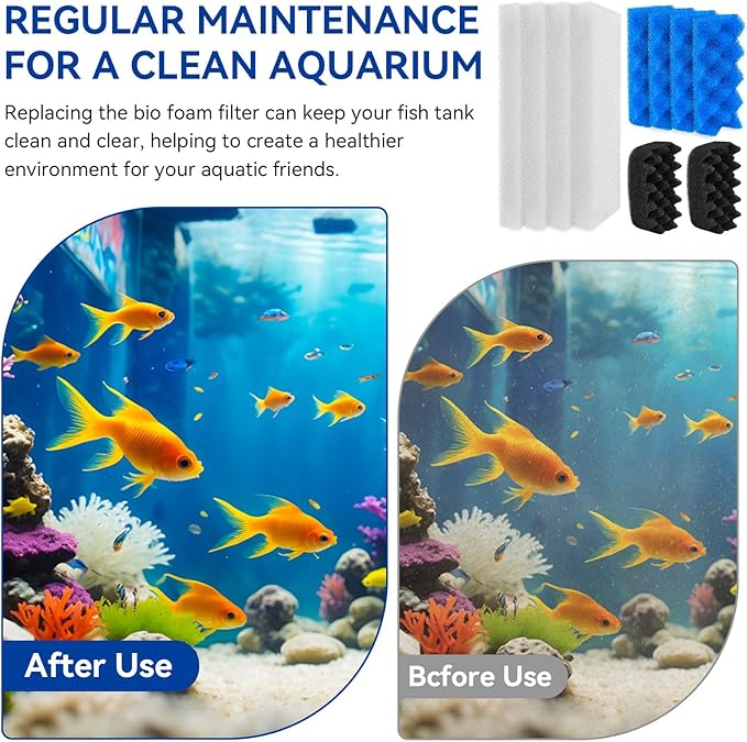 10 Pack Bio Foam Compatible with Fluval 106 & 107 Canister Filter, Filter Sponge Replacement Aquarium Filter Media for Biological Filtration, Including Blue White Black Filter Media Replacement Kit