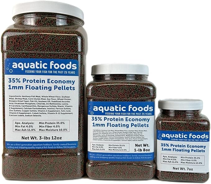 1mm - 1/32, 35% Protein Economy Floating Pellets for Tropical & Community Fish Tetras, Guppies, Angel Fish, Cichlids, Goldfish. All Tropical Fish - WL…3-lbs 12oz Jar