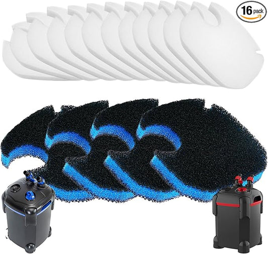 16 Pack Aquarium Canister Filter Pads Compatible with AMOSIJOY and PONDFORSE 172/225/265GPH, Replacement Aquarium Activated Carbon Sponge for Coospider-Repta (12 White Floss and 4 Coarse Filter Pads)