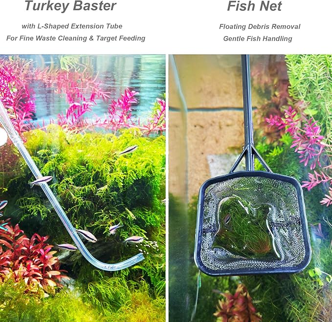 Aquarium Siphon Vacuum Cleaner Kit with Dual Vacuum Tubes, Brush Head, Turkey Baster and Fish Net, Gravel & Sand Cleaner, Aquarium Gravel Vacuum for Water Change and Debris Removal