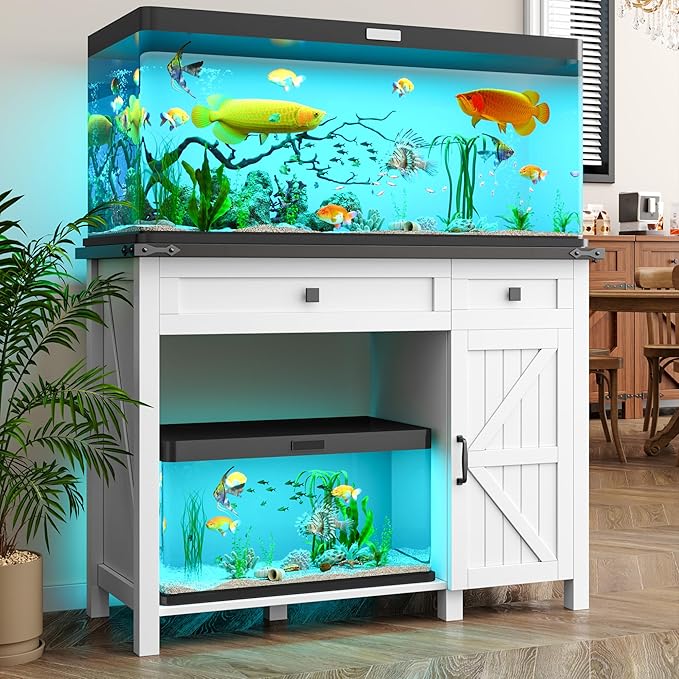 kepptory 40 Gallon Fish Tank Stand with Power Outlets, Farmhouse Decorative Aquarium Stand Furniture with Adjustable Shelves and Drawer, Reptile Turtle Tank Stand with Cabinet Storage (White, 30-40GL)