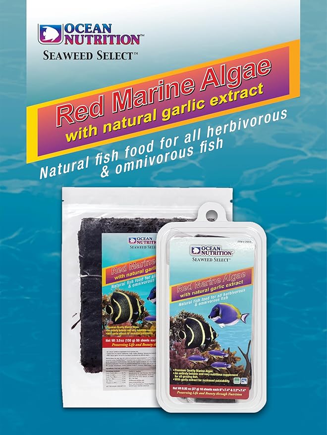 Ocean Nutrition Seaweed Sheets - Nutritious Red Marine Algae Saltwater Fish Food with Natural Garlic Extract for Algae Eater Fish - Perfect for Herbivorous & Omnivorous Fish, 50-Sheets 5.1 oz (150 g)