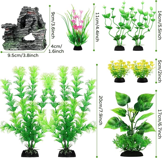 QUOZUO Fish Tank Accessories Artificial Plants, 9pcs Green Aquarium Decorations Plants and Cave Rock Decor Set, Aquarium Decor Plastic Plants