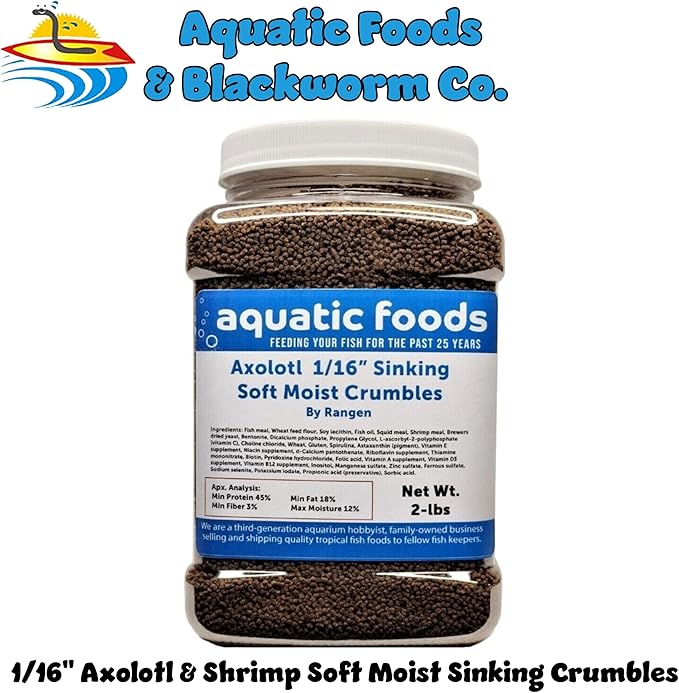 Axolotl Food 1/16" Soft Moist Sinking Salmon Crumbles for Baby Axolotl Also Shrimp, Snails, Crabs, Crayfish, Bottom Tropical Fish...2-lb Med Jar