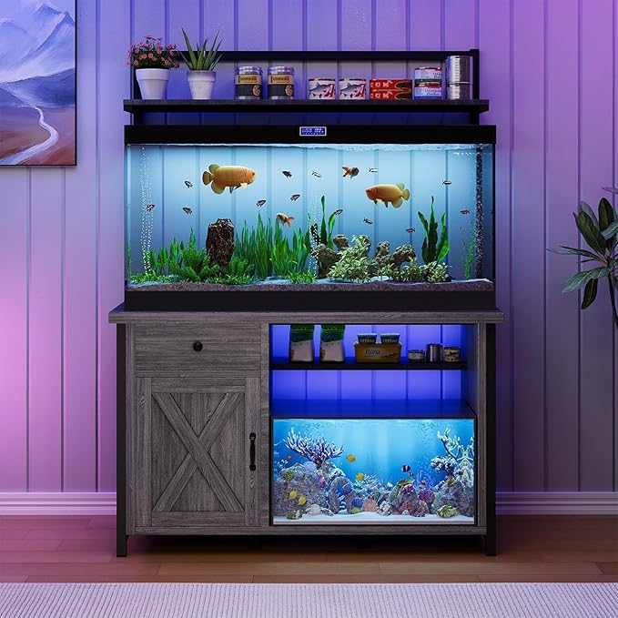 55-75 Gallon Fish Tank Stand with Power Outlet, Led Light, Aquarium Stand with Cabinet for Fish Tank Accessories Storage, Shelf, for Turtle Tank, Reptile Terrarium, 1100 LBS, Gray