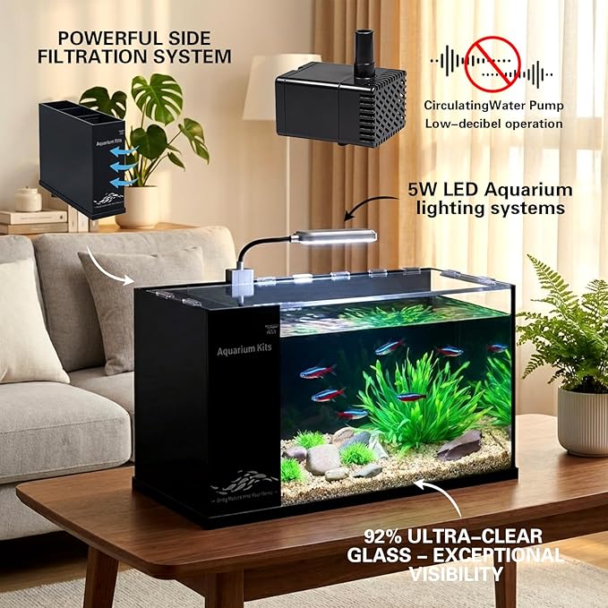 Fish Tank Kit,3.5 Gallon Small Aquarium,Ultra-Clear Nano Aquarium,Betta Fish Tank,Suitable for Small Fish Tank,Aquarium Starter kit,Desktop Fish Tank (Black Background)