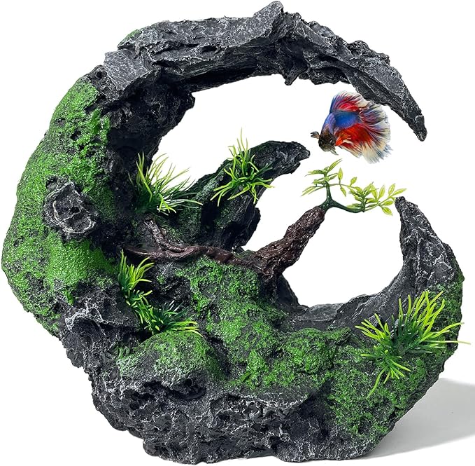 Aquarium Decor - Large Moon Shaped Cave Ornament for Fish Tank, Aquarium Hideout with Rock Texture for Betta, Goldfish, Shrimp - Safe Aquatic Decorations,Easy Superior Aquascape (Moon Valley)