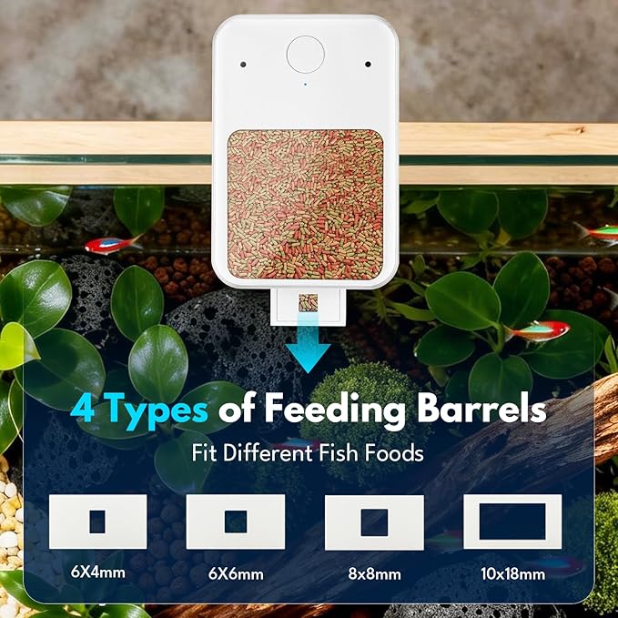 Automatic Fish Feeder for Aquarium, Moisture-Proof Adjustable Food Dispenser, APP Control with Timer, Four Precision Feed Funnels USB Powered Suitable for Small Tank Pelleted Food Black