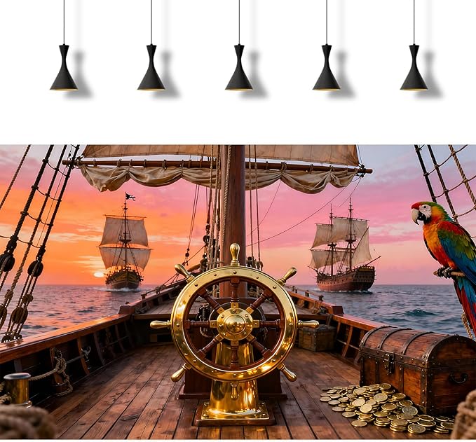 Sunset Ancient Sailing Boats Aquarium Background Luxurious Steering Wheel Treasure Chest Coins Wooden Sailboat Fish Tank Background Ocean Seascape Terrarium Backgrounds for Tank Decors 36x18in