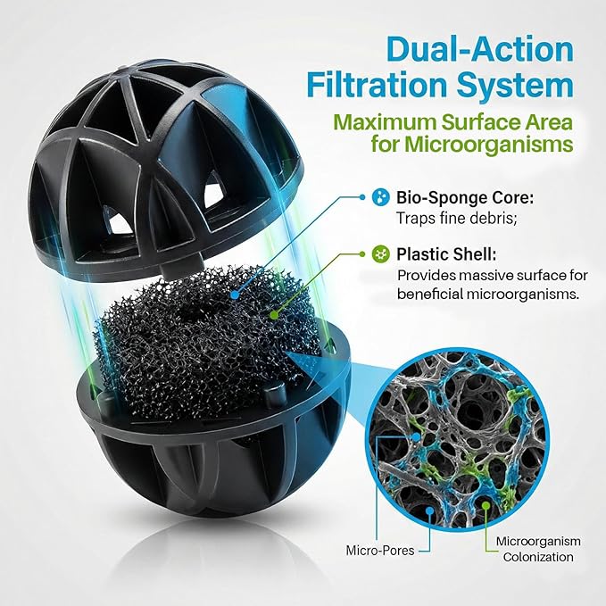 RAINFLOW Aquarium Bio Balls - 100pcs Black Bulk Sump Filter Media with Sponge Biological Filtration Media for Koi Pond,Fish Tank,Canister,Air Pump