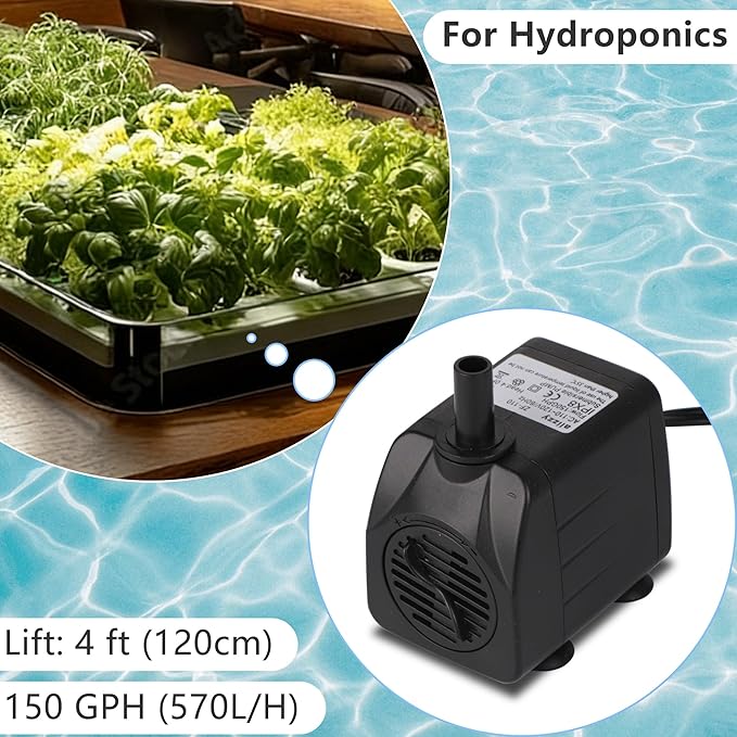 alizzy 150 GPH (570L/H) 10w Durable Small Submersible Water Pump with Tubing for Fountain, Aquarium, Fish Tank, Hydroponics, Pond