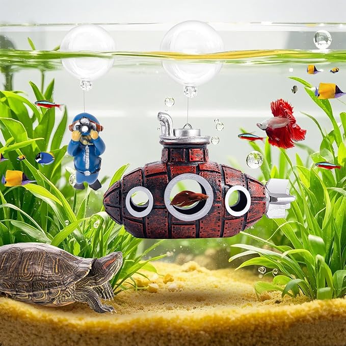 CousDUoBe New Upgrade Floating Fish Tank Decoration, Cute Retro Submarine Set and Floating Diver,Three Float Balls, Aquarium Decorations Resinous Betta Fish Tank Accessories