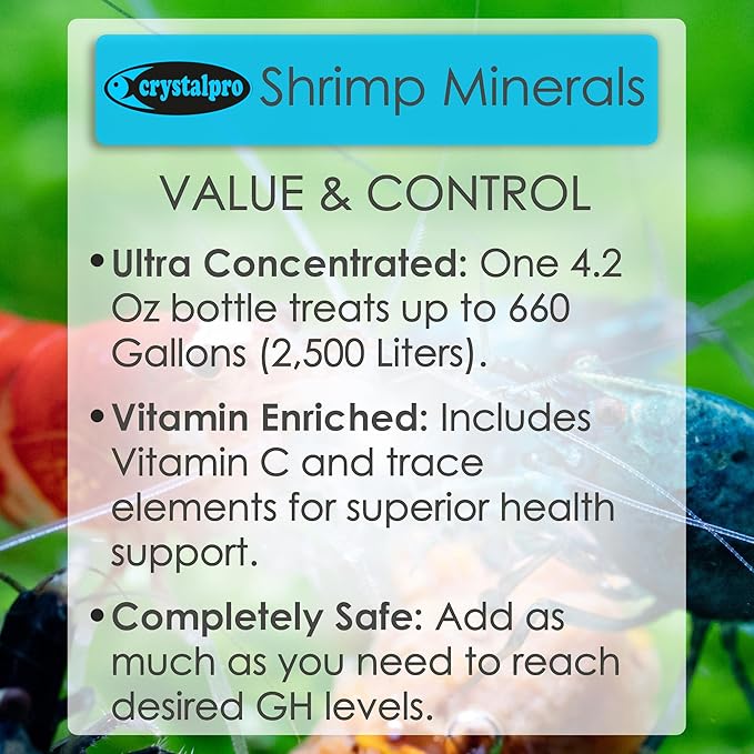 Crystalpro Shrimp Minerals 4.2 Oz – Liquid Aquarium Salt & Trace Elements for Freshwater Shrimp Tanks – Supports Caridina & Neocaridina – Molting & Breeding Additive – Invertebrate Tank Conditioner