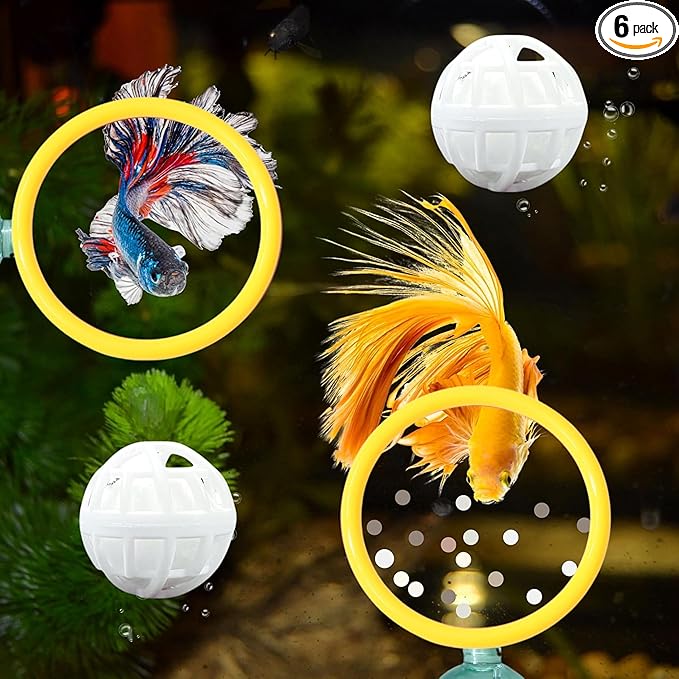 Betta Fish Enrichment Toys Ring and Filter Balls set, Fishes Ring Enrichment Toy and Tank Cleaner Ball, Aquarium Feeding Rings with Nitrifying Balls, Betta Fish Tank Accessories (Yellow, 6.4cm)