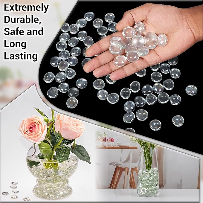 ARSUK Clear Flat Glass Pebbles, (5 LBS) Marbles for Vases, Glass Marbles, 400 Pcs Vase Fillers, Table Scatter for Weddings, Aquarium Stones, Candle Holders, Crafts, Glass Beads for Vases, (0.7-0.8")