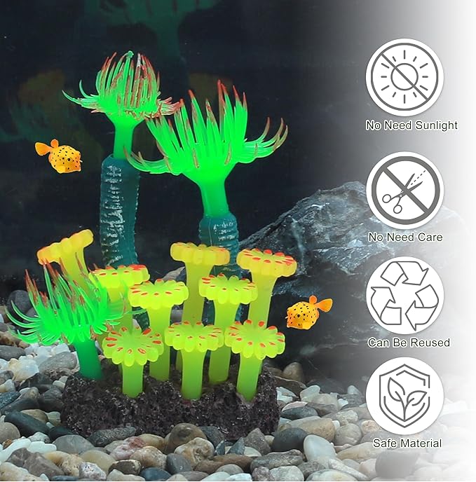 Aquarium Coral, Luminous Fish Tank Ornaments, Silicone Aquarium Plants, Fish Tank Coral, Fake Coral for Fish Landscape Decoration Aquarium Ornaments, Green Yellow