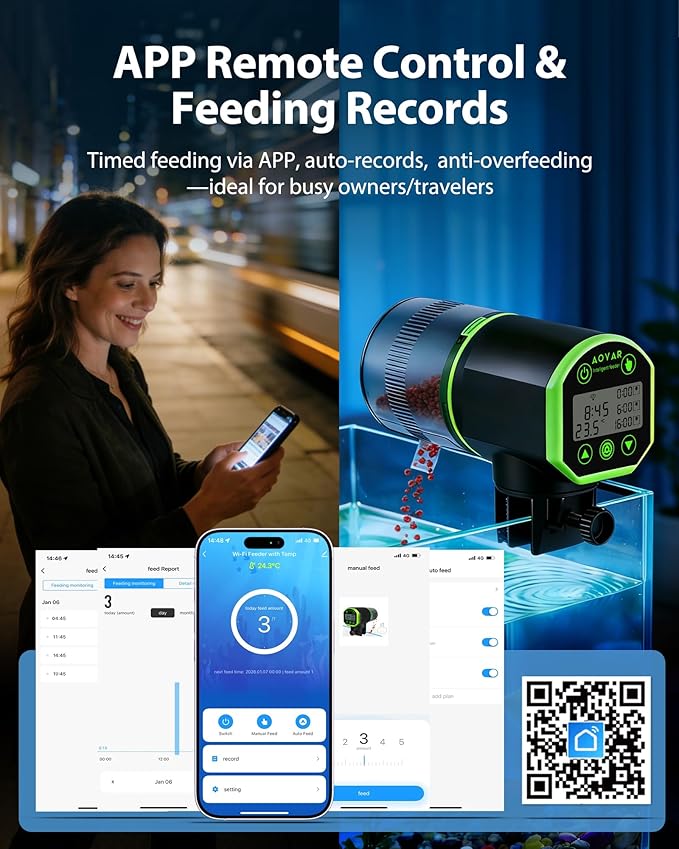 WiFi Automatic Fish Feeder for Aquarium: App-Controlled Auto Feeders for Tank Turtle Pond Betta with Water Temperature Monitoring & Alarm, Timed Auto-Feeding for Flake Pellet Vacation Weekend
