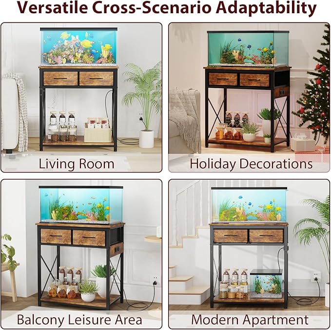 20-29-37Gallon Fish Tank Stand with Power Outlet, Heavy Duty Metal Aquarium Stand with Two Storage Drawers for Fish Tank Accessories Storage, Perfect for Turtle Tank, Reptile Terrarium, Brown