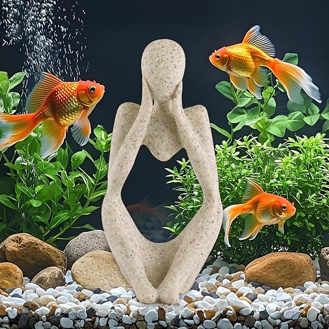 Fish Aquarium Decor Ornaments Minimalist Sandstone Resin Thinker Statue Fish Tank Decorations Small Accessories Abstract Home Decor Fish Toy for Betta Cichlid Goldfish Shrimps Hermit Crabs Turtle