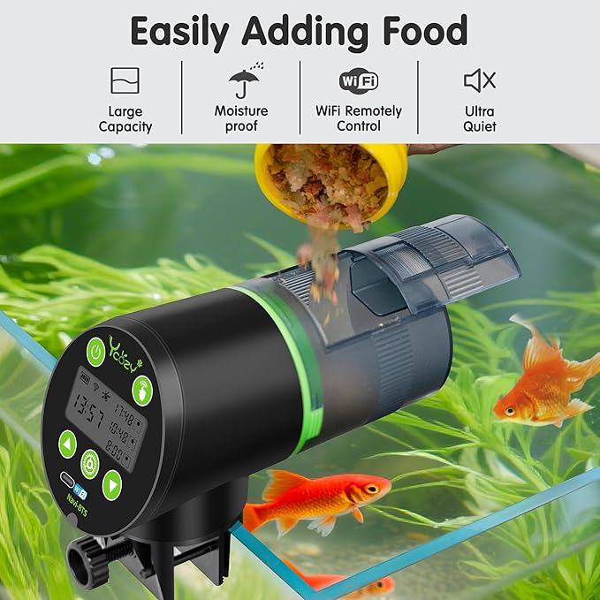 Ycozy WiFi Automatic Fish Feeder for Aquarium with Remote APP Control, Plug Powered, with Plug & USB-C Cable Vacation Auto Fish Food Dispenser for Small Tank/Betta/Turtle