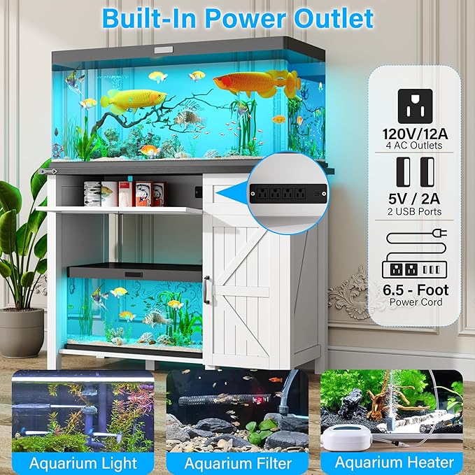 kepptory 40 Gallon Fish Tank Stand with Power Outlets, Farmhouse Decorative Aquarium Stand Furniture with Adjustable Shelves and Drawer, Reptile Turtle Tank Stand with Cabinet Storage (White, 30-40GL)