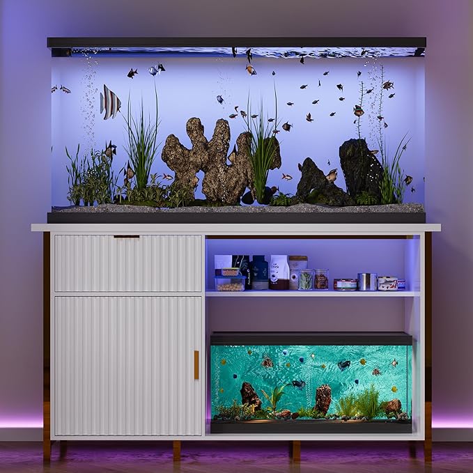 55-75 Gallon Fish Tank Stand with Power Outlets, LED Light, Vertical Lines, Heavy Duty Aquarium Stand with Cabinet for Fish Tank Accessories Storage, Turtle Tank, Reptile Terrarium, 1100LBS, White