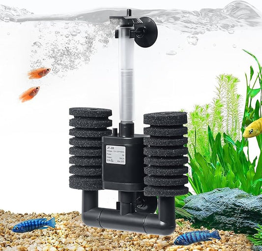 TARARIUM Aquarium Sponge Filter 5-20 Gallon Fish Tank Filter, Electric Power Double Sponge Filter, Quiet Small Low Flow Foam Filter for Fish Tank Betta Shrimp, Intake Dual Sponge Filter Kit w/Pump