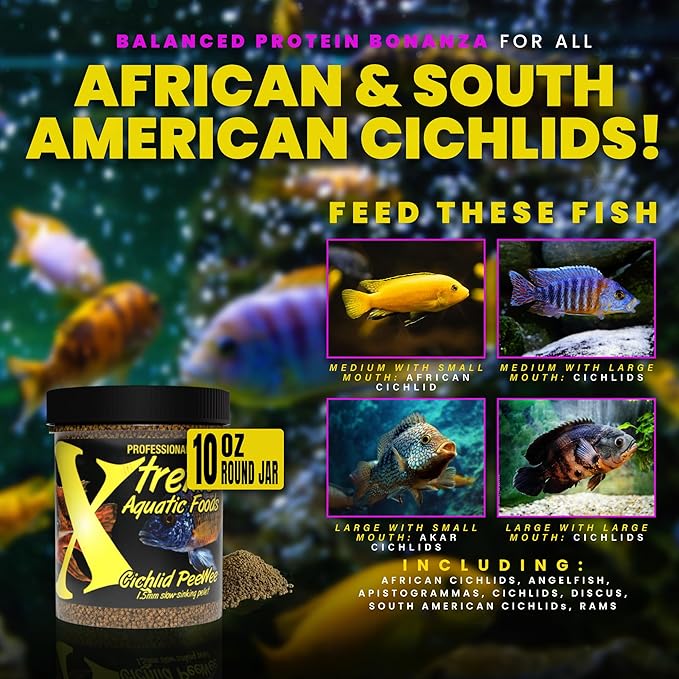 Xtreme Cichlid Peewee 1.5 mm Pellets - Proven Nutrition for Cichlids - Balanced Amino Acids, Boost Immune & Digestive Health, Color & Energy, Max Protein Freshwater Fish Food – USA Farm Grown (10oz)