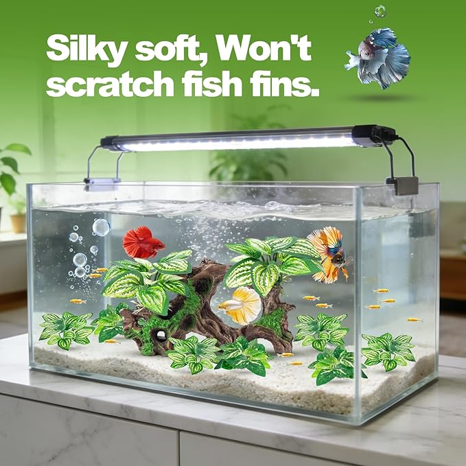 CousDUoBe 8 Pcs Fish Tank Decor，Silk Aquarium Plants Green Silk Leaf pad Hammock Artifical Driftwood cave Betta Fish Tank Accessories 7 x 2.8 x 4 inches(LxWxH)
