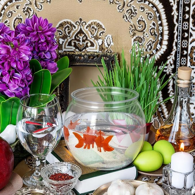 Bokon Nowruz Decorations Set Include 16 oz Plastic Fish Bowl with 3 Fake Plastic Goldfish Floating Aquarium Decor Gold Fish Tank Accessories for Nowruz Mahi Haftseen New Year Table Decoration
