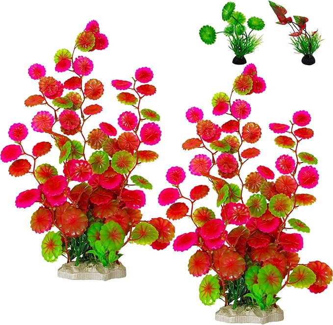 Hamiledyi 2 Pcs Large Aquarium Plants with 2 Pcs Small Artificial Seaweed Plants, 16 Inch High Artificial Plants Decoration, Fish Tank Decor Plastic Plants, Perfect for Aquarium Decor(Pink)