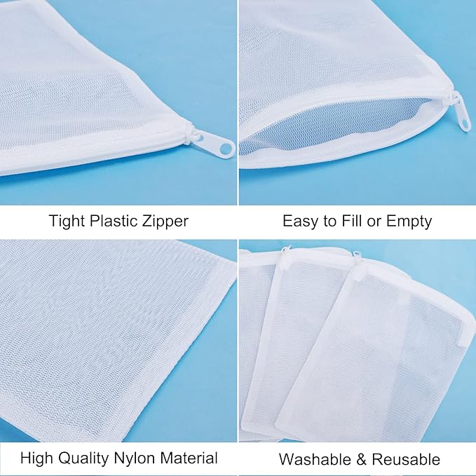 Segarty Filter Media Bags, 10 Pack 0.5mm Fine Mesh 7.7 x 6 Inch White Reusable Nylon Aquarium Net Bags with Plastic Zipper for Activated Carbon, Ceramic Rings, Bio Balls, Charcoal, Fish Tank