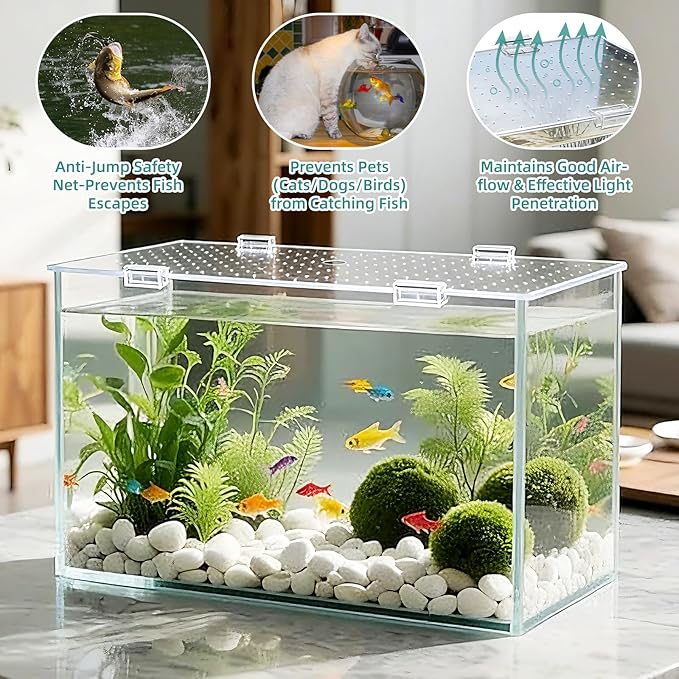 2 Pack Aquarium Acrylic Fish Tank Lid Cover for 20/29/37 Gallon, 29 x 12 Inch Cuttable Acrylic Canopy Top, Anti-Jump Mesh Net with Clips