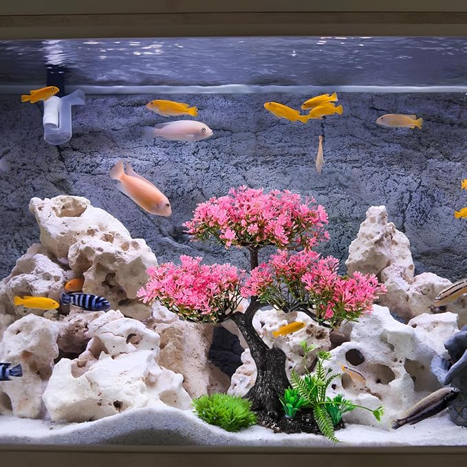Plastic Aquarium Plants for Fish Tank, Realistic Cherry Blossom Tree & Green Water Grass, Safe for Your Aquatic Pets and Water Quality, Lifelike Artificial Plants for Nature Underwater Landscape