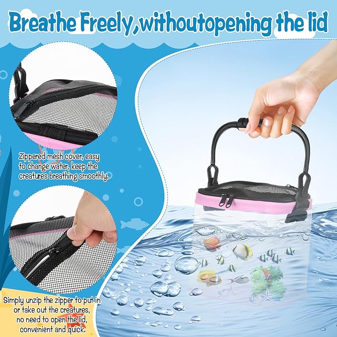 2 Sets Catch Plastic Beach Aquarium Kit, Release Aquarium Box for Beach with Retractable Net Bag and Transparent Portable Handheld（Pink）