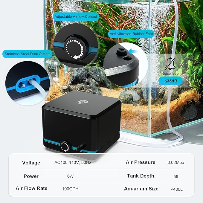 FZONE Aquarium Air Pump, Ultra Quiet Fish Tank Aerator Pump with Stainless Steel Dual Outlets, Adjustable Powerful Oxygen Pump with Air Stones for Freshwater and Saltwater Aquariums
