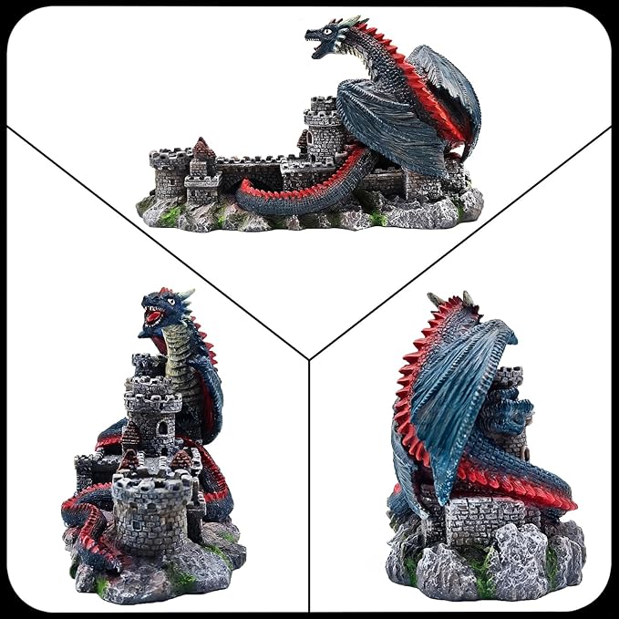 Dragon Castle Aquarium Ornament, Resin Large Fish Tank Decoration with Hiding Caves for Betta, Tropical Fish & Reptiles, Medieval Fantasy Underwater Landscape Decor-10.6 inches in Length